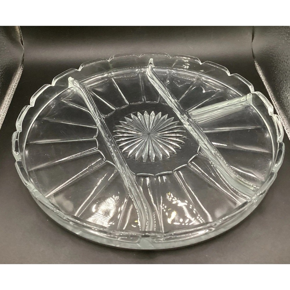 Vtg Indiana Clear Cut Glass Divided Relish Dish‎ - 4 Sections 10" Diameter